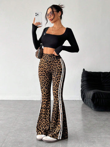 PETITE Women's High-Waisted Side Stripe & Leopard Print Flared Leg Pants