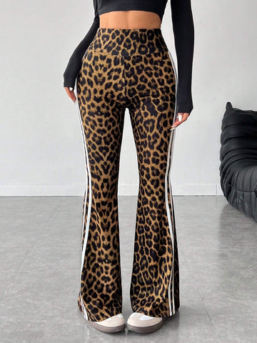 PETITE Women's High-Waisted Side Stripe & Leopard Print Flared Leg Pants