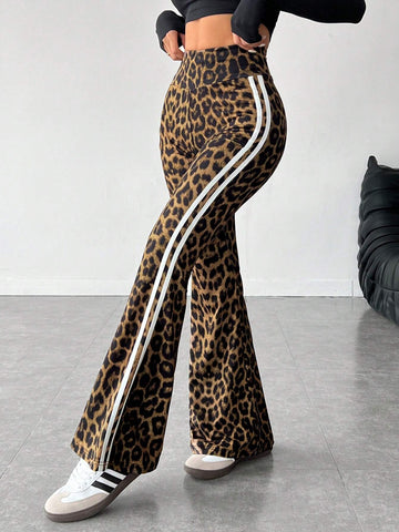 PETITE Women's High-Waisted Side Stripe & Leopard Print Flared Leg Pants