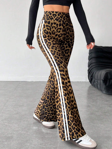 PETITE Women's High-Waisted Side Stripe & Leopard Print Flared Leg Pants