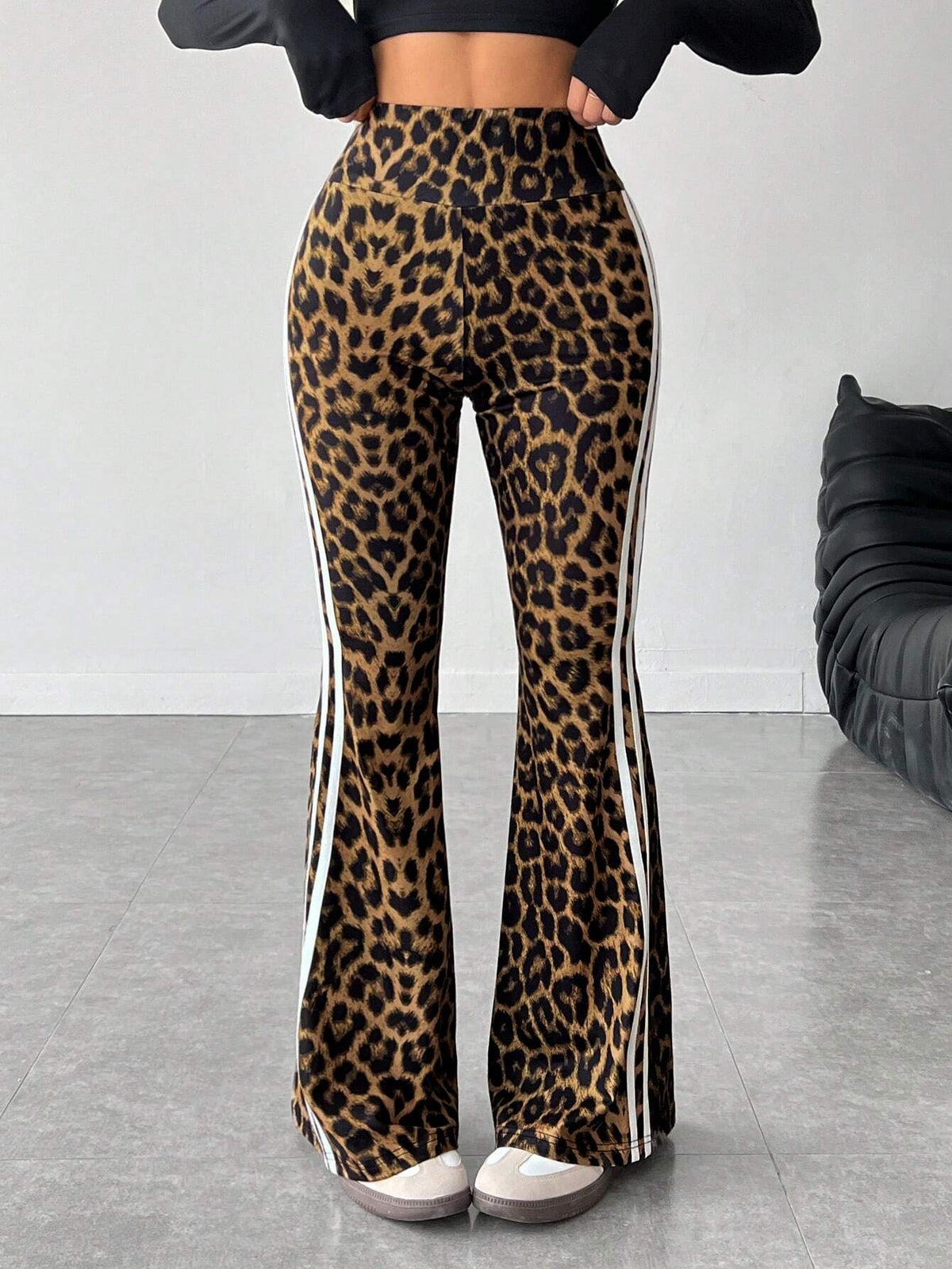 PETITE Women's High-Waisted Side Stripe & Leopard Print Flared Leg Pants