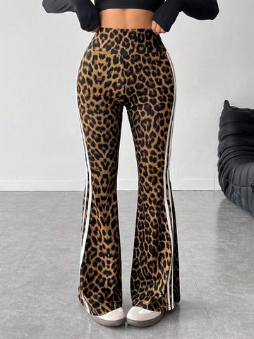 PETITE Women's High-Waisted Side Stripe & Leopard Print Flared Leg Pants