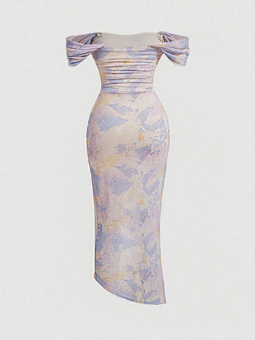 Women's One Shoulder Tie Dye Bodycon Dress With Ruched Hem And Side Slit, Perfect For Summer