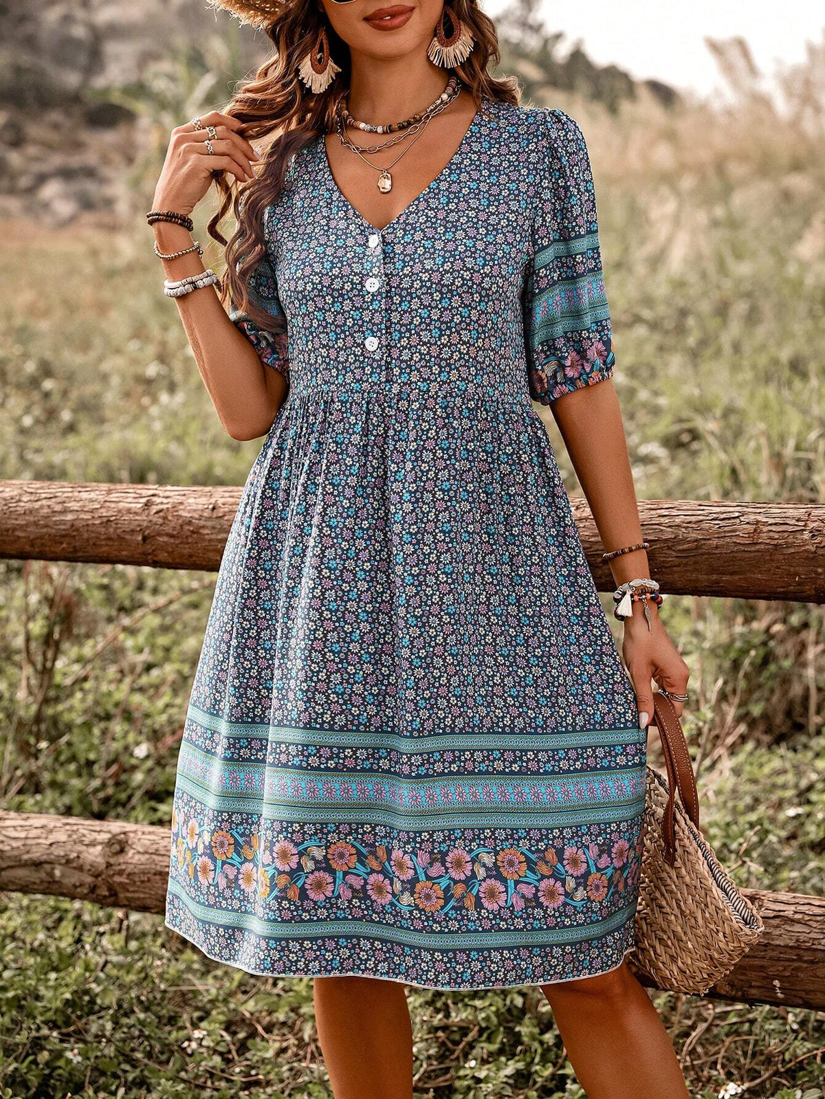 Women's Patterned Half Placket Mini Dress
