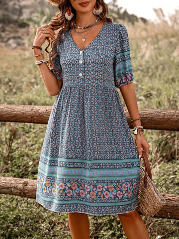 Women's Patterned Half Placket Mini Dress
