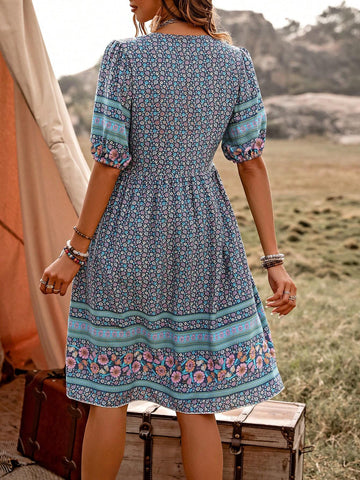 Women's Patterned Half Placket Mini Dress