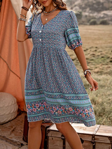 Women's Patterned Half Placket Mini Dress