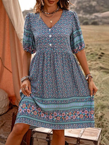 Women's Patterned Half Placket Mini Dress