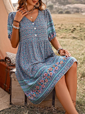 Women's Patterned Half Placket Mini Dress