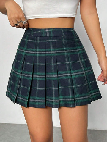 SHEIN PETITE Women's Plaid Pleated Skirt