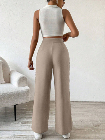 PETITE Women's Premium High Waist Pleated Wide Leg Casual Pants