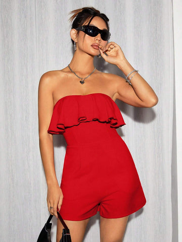 Women's Red Ruffle Trim One Shoulder Jumpsuit With Shorts