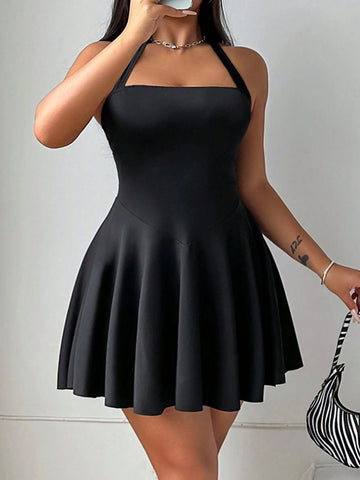 Women's Sexy, Elegant, Generous Halter Neck, Cinched Waist, A-Line Mini Dress With Built-In Saf