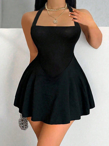 Women's Sexy, Elegant, Generous Halter Neck, Cinched Waist, A-Line Mini Dress With Built-In Saf