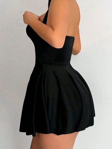 Women's Sexy, Elegant, Generous Halter Neck, Cinched Waist, A-Line Mini Dress With Built-In Saf
