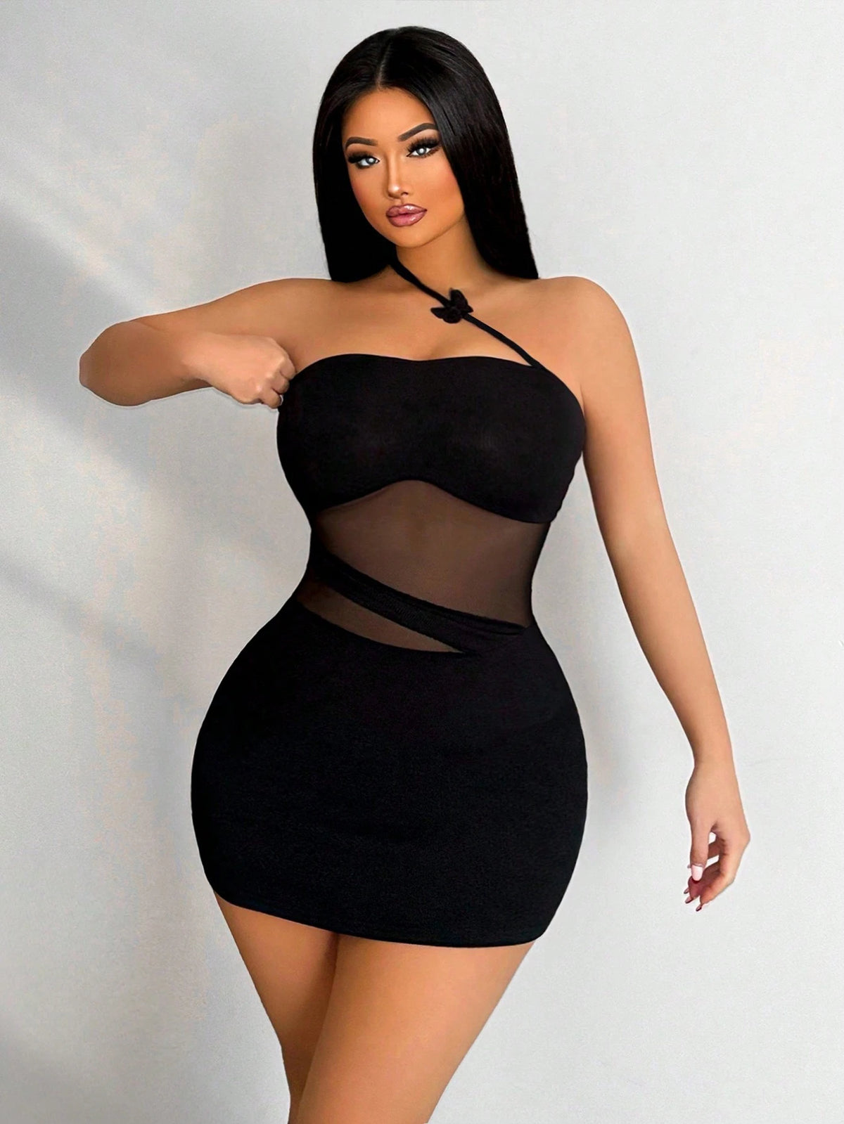 Women's Sexy Fitted Bandeau Off Shoulder Mesh Sheer Bodycon Mini Dress