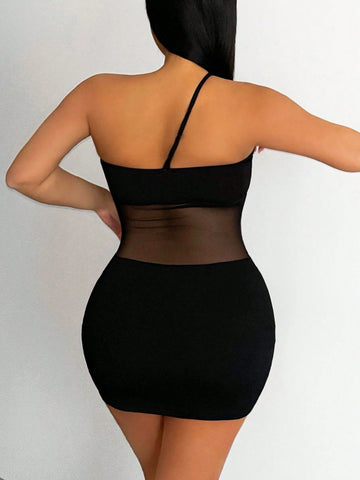 Women's Sexy Fitted Bandeau Off Shoulder Mesh Sheer Bodycon Mini Dress