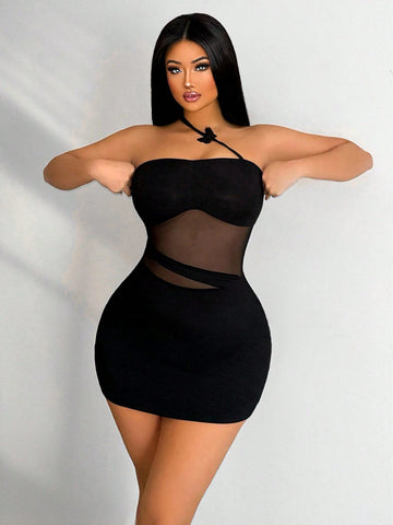 Women's Sexy Fitted Bandeau Off Shoulder Mesh Sheer Bodycon Mini Dress