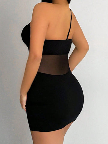 Women's Sexy Fitted Bandeau Off Shoulder Mesh Sheer Bodycon Mini Dress