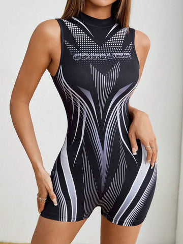 Women's Sleeveless Letter Stripe Print Bodysuit