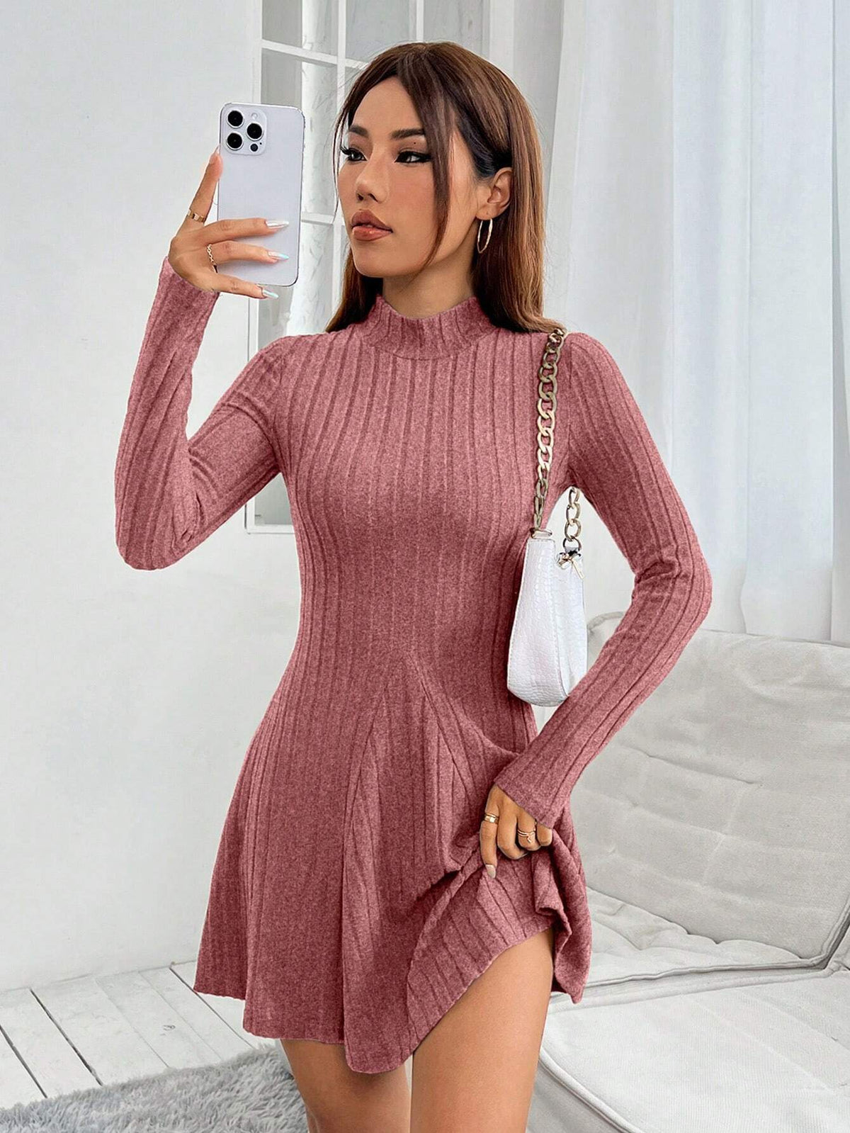 Women's Solid Color Collared Long Sleeve Ribbed Short Casual Dress For Spring & Autumn