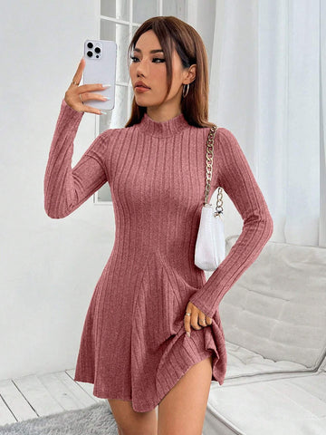 Women's Solid Color Collared Long Sleeve Ribbed Short Casual Dress For Spring & Autumn