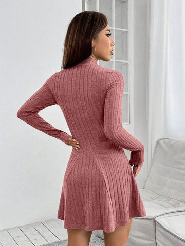 Women's Solid Color Collared Long Sleeve Ribbed Short Casual Dress For Spring & Autumn