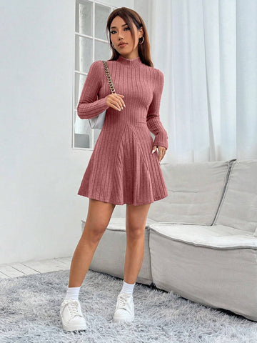 Women's Solid Color Collared Long Sleeve Ribbed Short Casual Dress For Spring & Autumn
