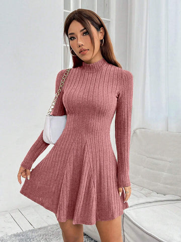 Women's Solid Color Collared Long Sleeve Ribbed Short Casual Dress For Spring & Autumn