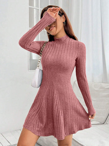 Women's Solid Color Collared Long Sleeve Ribbed Short Casual Dress For Spring & Autumn