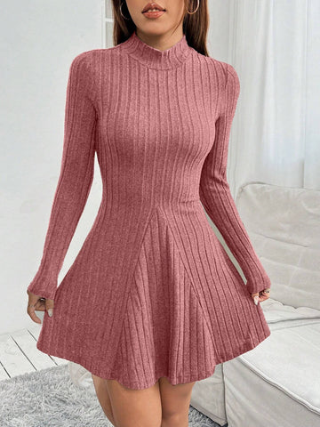 Women's Solid Color Collared Long Sleeve Ribbed Short Casual Dress For Spring & Autumn