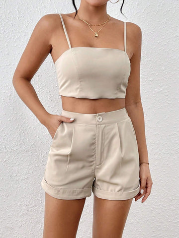 Women's Solid Color Cropped Tank Top And Shorts Set With Diagonal Pockets