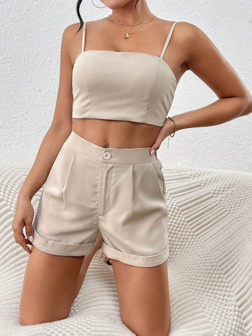 Women's Solid Color Cropped Tank Top And Shorts Set With Diagonal Pockets
