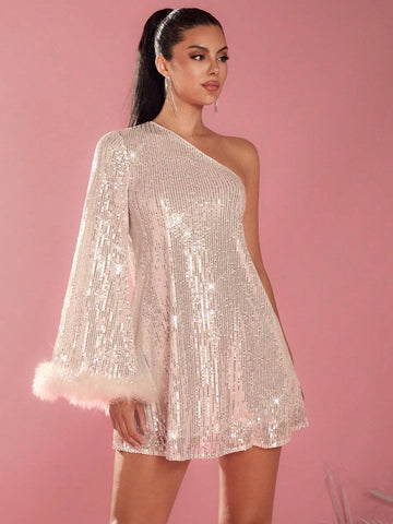 Women's Solid Color One Shoulder Flare Sleeve Sequin Embellished Glamorous Short Dress