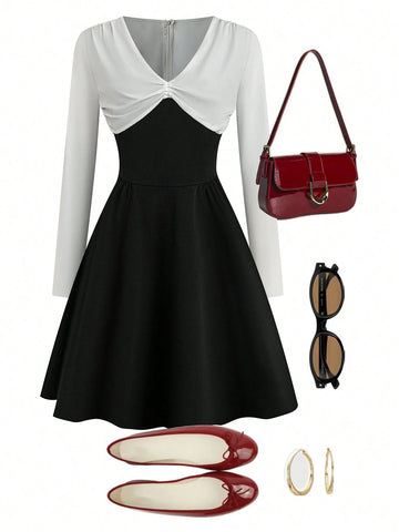 Women's Solid Color Patchwork Long Sleeve V-Neck Simple Elegant Short Dress