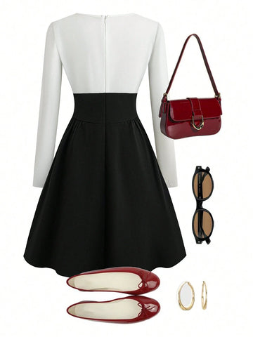 Women's Solid Color Patchwork Long Sleeve V-Neck Simple Elegant Short Dress