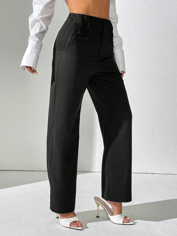 PETITE Women's Solid Color Pleated Casual Straight Pants