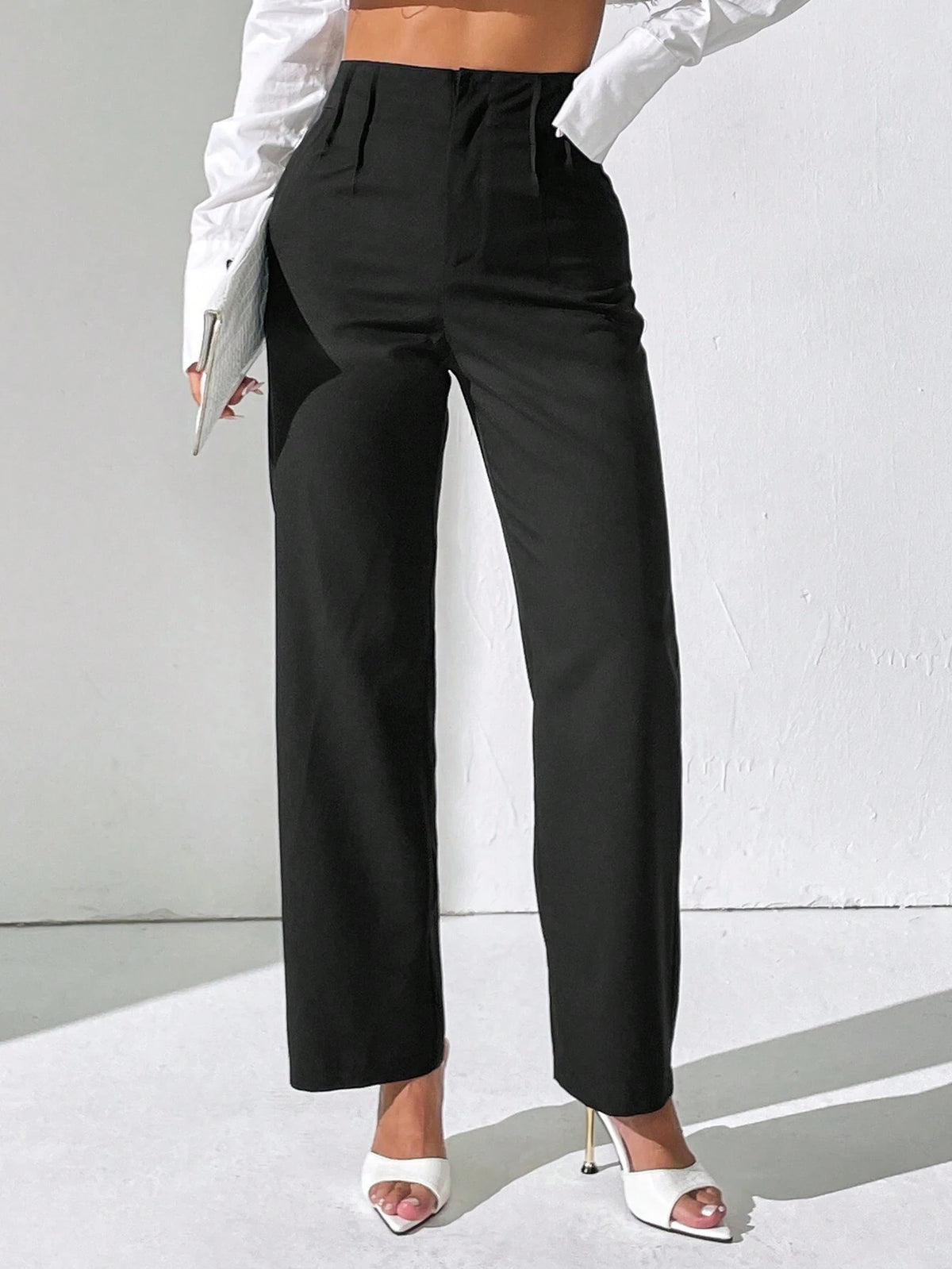 PETITE Women's Solid Color Pleated Casual Straight Pants