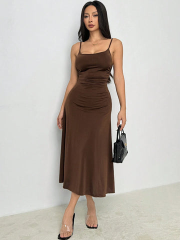 Women's Solid Color Pleated Waist Flared Hem Spaghetti Strap Dress