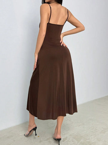 Women's Solid Color Pleated Waist Flared Hem Spaghetti Strap Dress