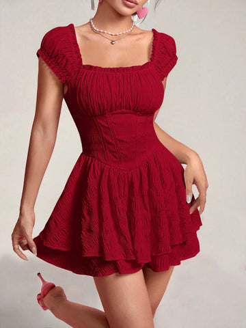 Women's Solid Color Ruffle Trim Pleated Short Dress, Minimalist Style