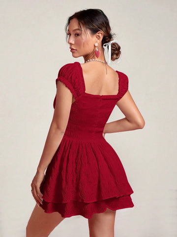 Women's Solid Color Ruffle Trim Pleated Short Dress, Minimalist Style