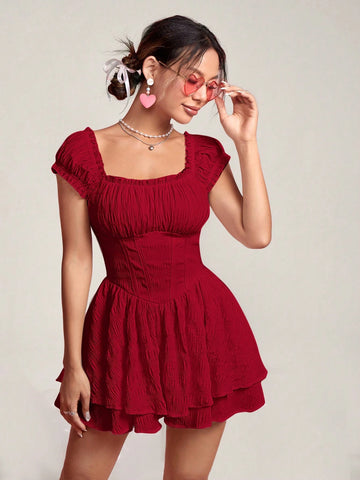 Women's Solid Color Ruffle Trim Pleated Short Dress, Minimalist Style