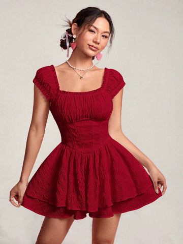 Women's Solid Color Ruffle Trim Pleated Short Dress, Minimalist Style