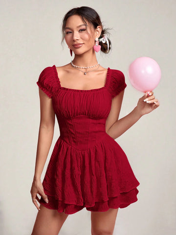 Women's Solid Color Ruffle Trim Pleated Short Dress, Minimalist Style