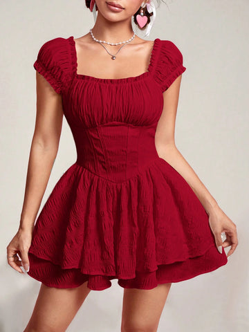 Women's Solid Color Ruffle Trim Pleated Short Dress, Minimalist Style