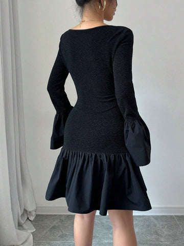 Women's Solid Color Swing Flare Sleeve Round Neck Short Ruffle Dress, Elegant Autumn