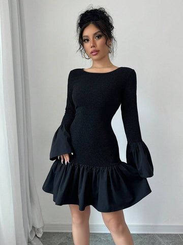 Women's Solid Color Swing Flare Sleeve Round Neck Short Ruffle Dress, Elegant Autumn