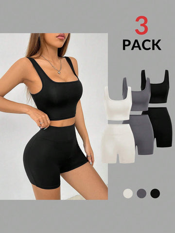 Women's Sports Set, 3pcs, Including Round-Neck Vest And Shorts
