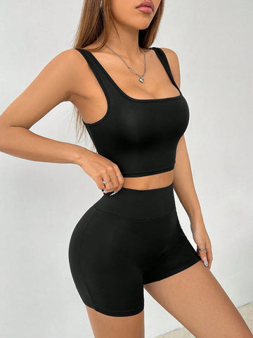 Women's Sports Set, 3pcs, Including Round-Neck Vest And Shorts